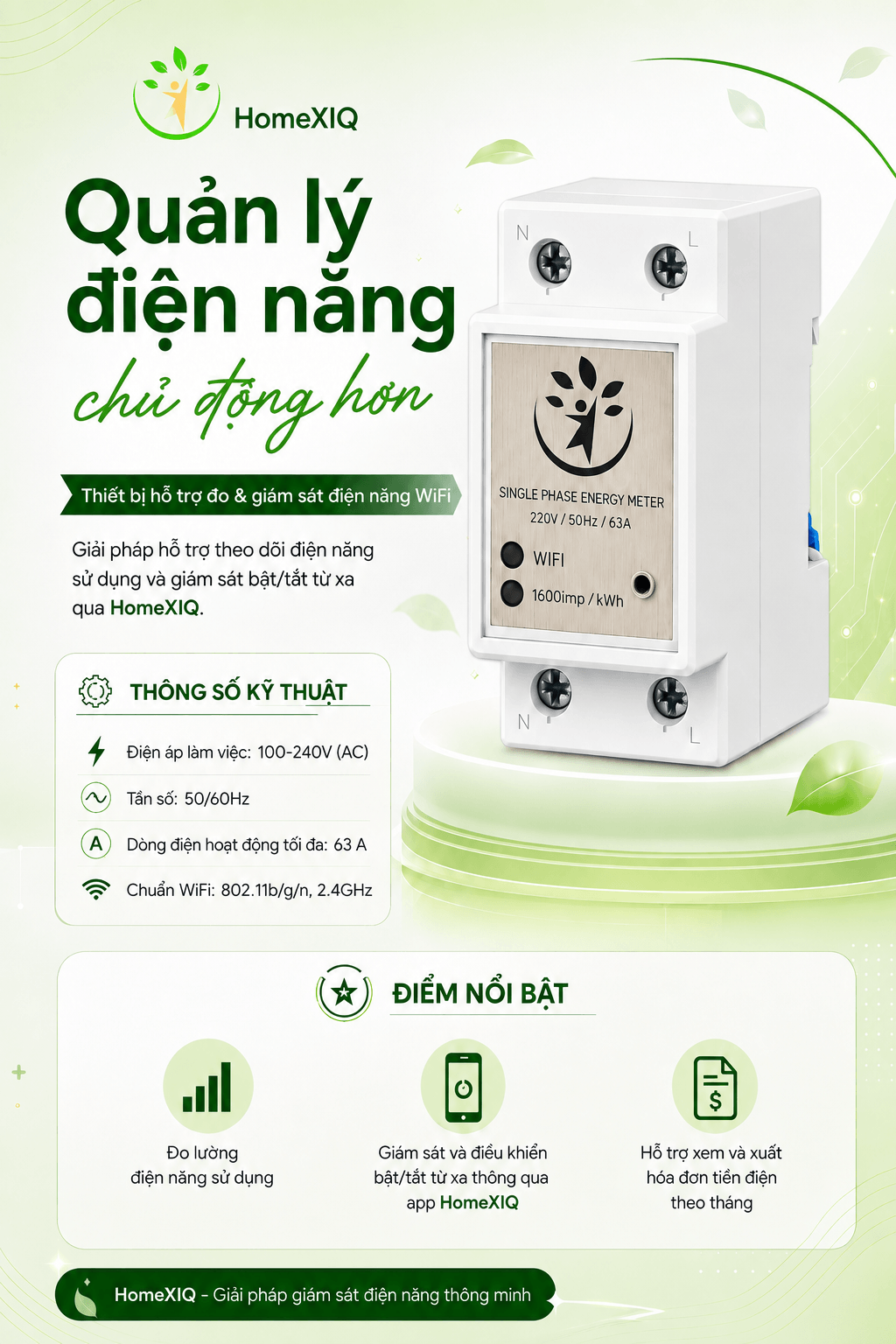 HomeXIQ 63A WiFi Energy Meter and Power Monitoring Device